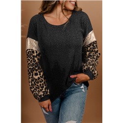 Black Plus Size Leopard Sequin Long Sleeve Top