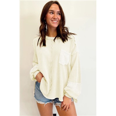 White Exposed Seam Patchwork Bubble Sleeve Waffle Knit Top