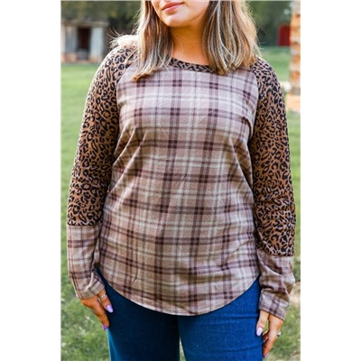 Chestnut Plus Size Leopard Raglan Sleeve Plaid Top