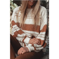 White Striped Knit Puff Sleeve Casual Sweater