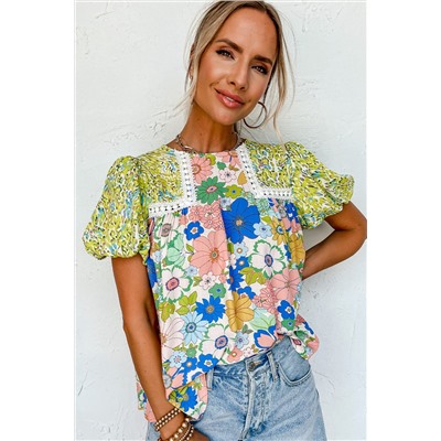 Green Bubble Sleeve Lace Trim Floral Mixed Print Blouse