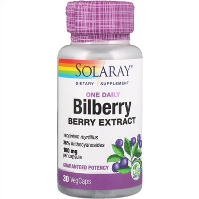 Solaray, экстракт ягод черники, одна таблетка в день, 160 мг, 30 вегетарианских капсул