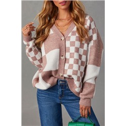 Chestnut Mix Checkered Button V Neck Knitted Cardigan