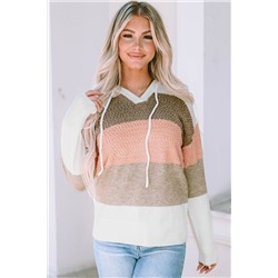 Pink Color Block Knitted Drawstring Hooded Sweater