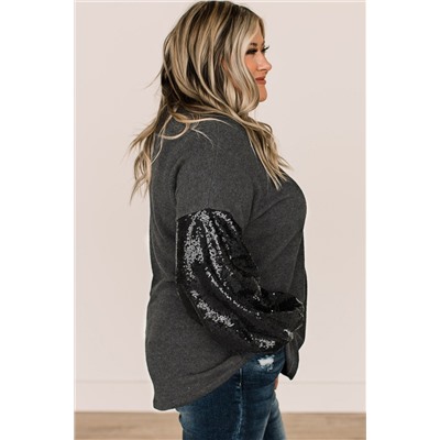 Black Plus Size Sequin Bubble Sleeve V Neck Knit Top