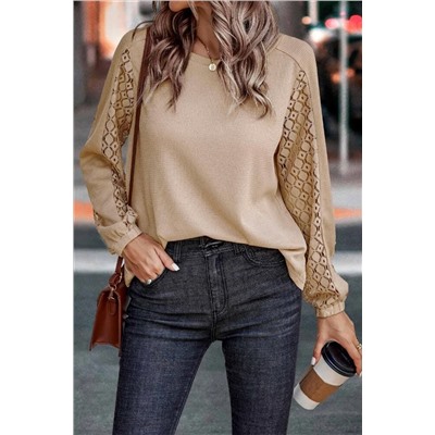 Flaxen Lace Patch Sleeve Waffle Knit Top