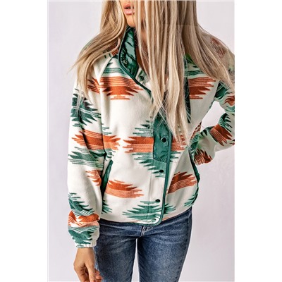 Multicolour Western Aztec Snap Buttoned Fleece Jacket