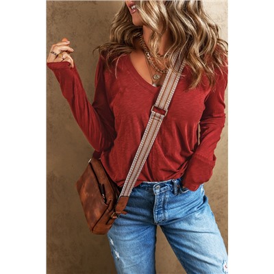 Fiery Red Sandalwood V Neck Center Seam Long Sleeve Tee