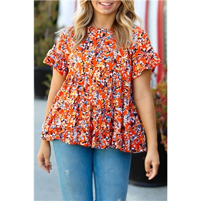 Orange Floral Printed Ruffle Sleeve Curvy Babydoll Blouse