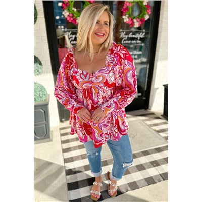 Red Plus Size Floral Sweetheart Neck Babydoll Blouse