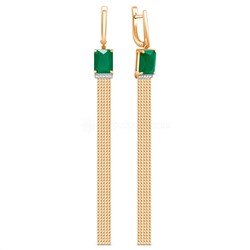 Серьги женские длинные из золочёного серебра с плавленым кварцем цвета зелёный агат и фианитами