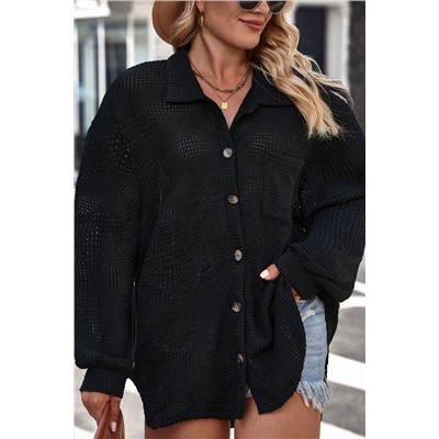 Black Plus Size Chest Pocket Waffle Knit Shirt