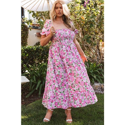Pink Plus Size Floral Print Smocked Puff Sleeve Dress