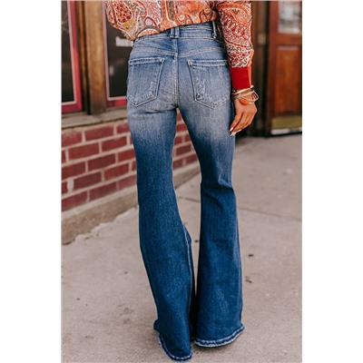 Sky Blue Button Fly Ripped High Waist Flare Jeans