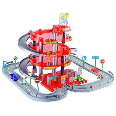 Паркинг 4-уровневый с дорогой и автомобилями, красный (в коробке)