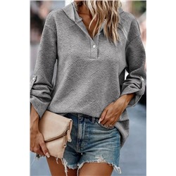 Medium Grey Textured Knit Pin-up Sleeve Pullover Hoodie