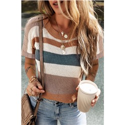 Camel Striped Knit Crew Neck T Shirt Sweater