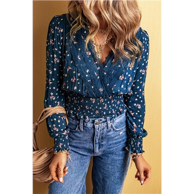 Blue Lace Trim V Neck Floral Smocked Long Sleeve Blouse