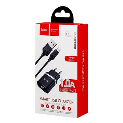 Адаптер Сетевой с кабелем Hoco C11 Smart single Q0.3 USB 1A/5W (USB/Micro USB) (black)