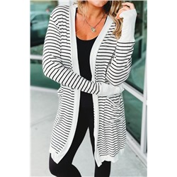 White Striped Side Pockets Open Front Cardigan