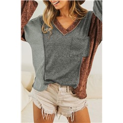 Brown V Neck Color Block Patchwork Loose Pullover