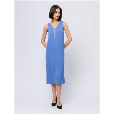 Платье синего цвета длини миди с V-образным вырезом и без рукавов