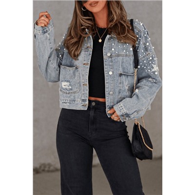 Sky Blue Distressed Pearls Star Cropped Denim Jacket