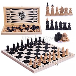 Игра 3в1 малая с обиходными деревянными шахматами "Объедовские" (нарды, шахматы, шашки" "Классика" (400*200*40)