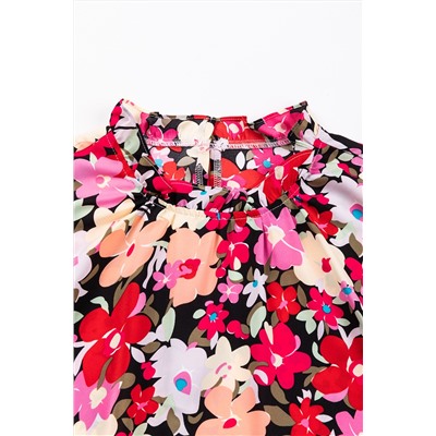 Rose Printed Frilled Neck Shirred Bracelet Sleeve Floral Blouse