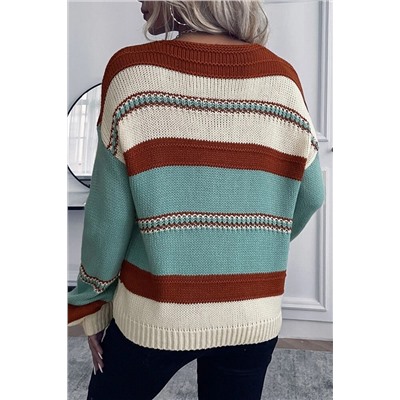 Sky Blue Striped Pattern Knit V Neck Sweater