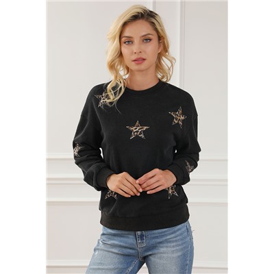 Black Leopard Star Patched Drop Shoulder Sweatshirt