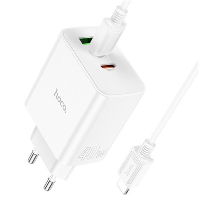 Адаптер Сетевой с кабелем Hoco C126A PD 2Type-C/USB 40W (Type-C/Lightning) (white)