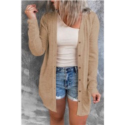 Brown Buttoned Thigh-high Length Plus Size Cardigan