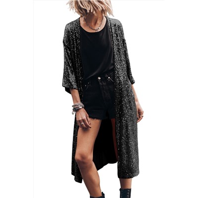 Black Sequin 3/4 Sleeve Open Front Duster Kimono