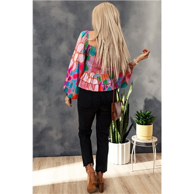 Multicolor Floral Print Smocked Square Neck Ruffles Blouse