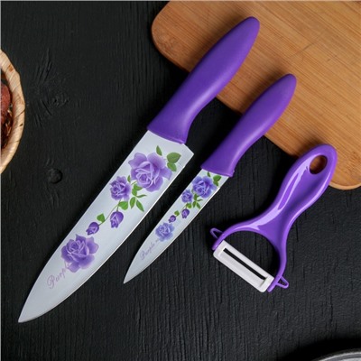 Набор кухонных принадлежностей Доляна «Нарцисс», 3 предмета: 2 ножа с антиналипающим покрытием, лезвие 12 см, овощечистка, 20×4 см, цвет фиолетовый