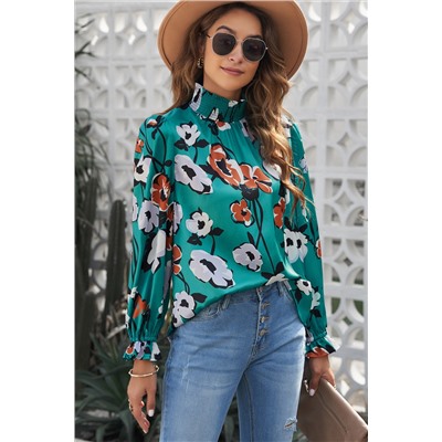 Floral Print Smocked Mock Neck Blouse