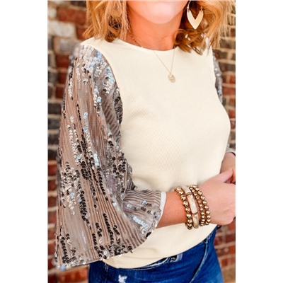 White Sequined Bell Sleeve Round Neck Blouse