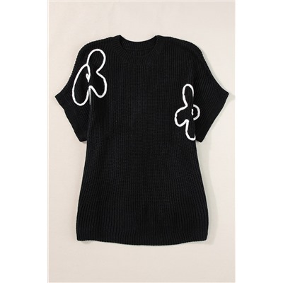 Black Flower Embroidery Sweater Tee