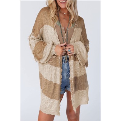 Khaki Stripe Lantern Sleeve Fringed Open Cardigan