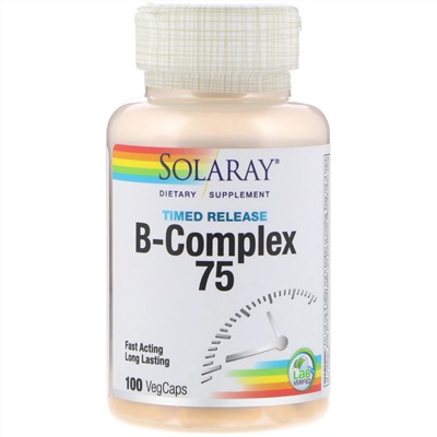 Solaray, B-Complex 75, комплекс с витаминами группы B медленного высвобождения, 100 вегетарианских капсул