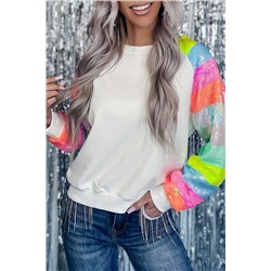 White Sequin Color Block Raglan Sleeve Pullover Sweatshirt