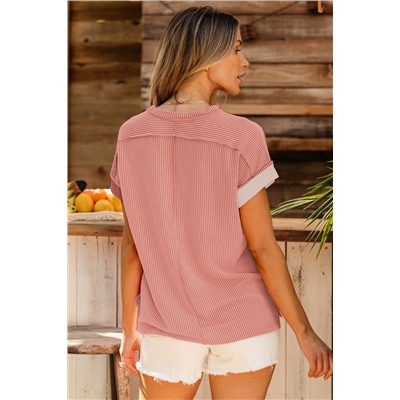 Apricot Pink Textured Colorblock Crew Neck T Shirt
