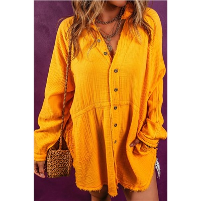 Oversized Crinkled Frayed Hem Tunic Shirt