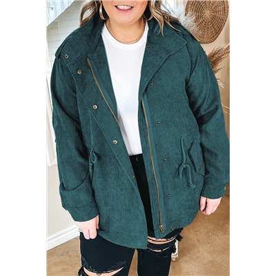 Green Plus Size Button Zipped Corduroy Jacket