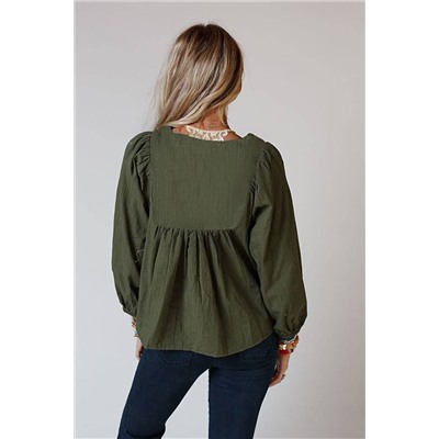 Green Embroidered Split Neck Pleated Loose Blouse