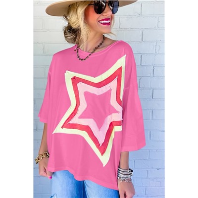 Bonbon Colorblock Star Patched Half Sleeve Oversized Tee