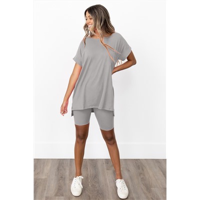 Gray Solid Split Hem Tunic Tee and Tight Shorts Set