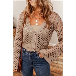 Smoke Gray Pointelle Knit V Neck Button Up Crop Cardigan