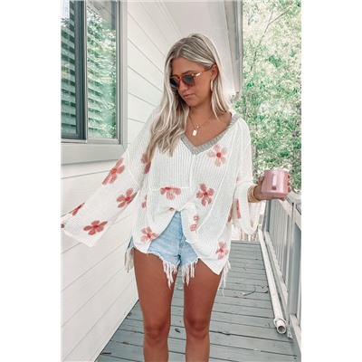 White Floral Print Lightweight Knit Hooded Sweater